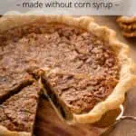 Pie server lifting up a slice of pecan raisin pie. Text overlay includes recipe name.