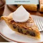 Slice of pecan raisin pie topped with whipped cream on a white plate. Text overlay includes recipe name.