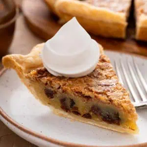 Slice of pecan raisin pie on a white plate.