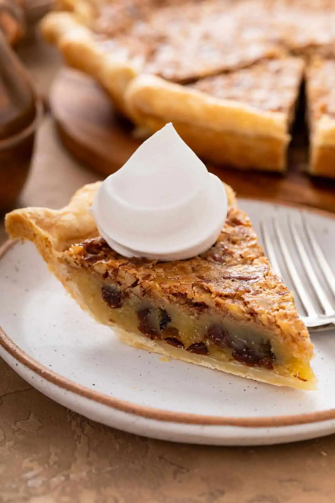 Slice of pecan raisin pie topped with whipped cream on a white plate.