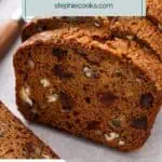 Close up of sliced date nut bread to show the texture of the bread. Text overlay includes recipe name.