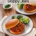 Two plates each holding a sloppy joe sandwich and broccoli. Text overlay includes recipe name.