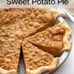 Sliced sweet potato pie in a deep-dish pie plate. Text overlay includes recipe name.