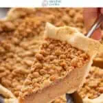 Pie server holding up a slice of sweet potato pie. Text overlay includes recipe name.