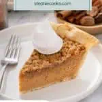 Slice of sweet potato pie on a white plate, topped with a dollop of whipped cream. Text overlay includes recipe name.