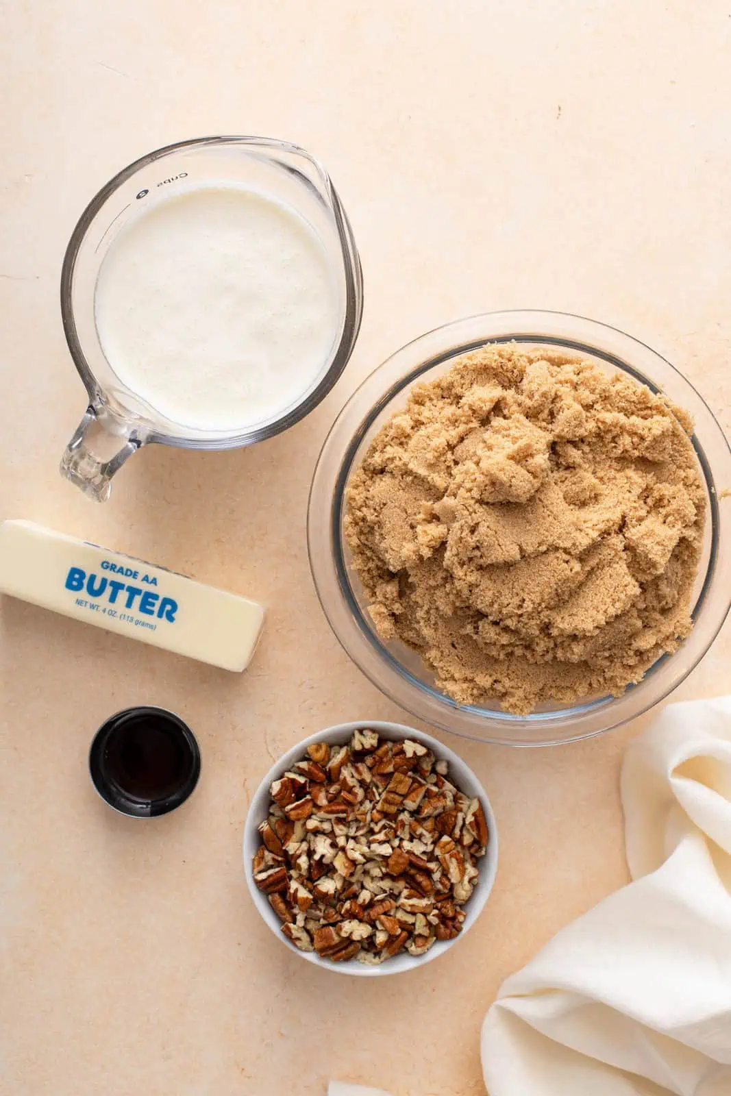 Brown sugar fudge ingredients arranged on a countertop.