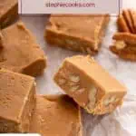 Side view of a piece of brown sugar fudge to show the nuts in the middle. Text overlay includes recipe name.