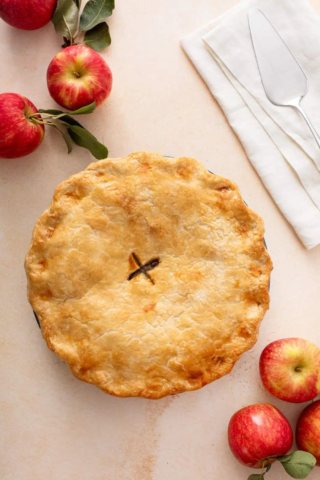 Baked pie set on a countertop.