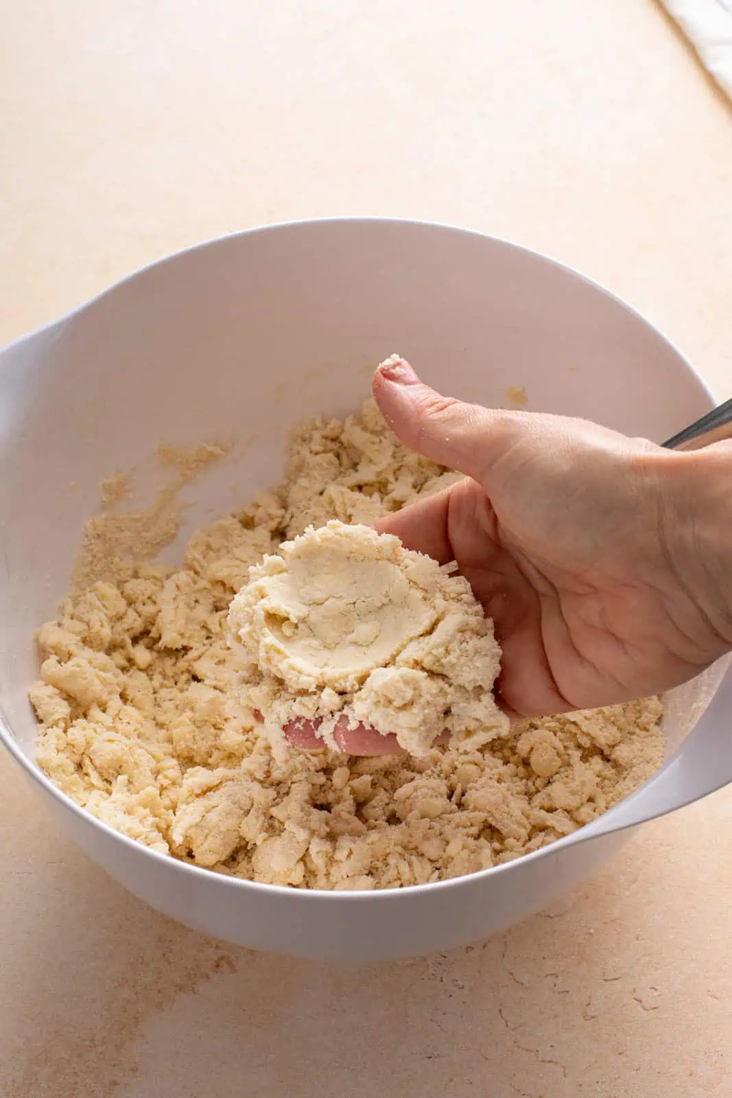 Hand showing how pie dough will hold together after being squeezed in your hand when it's ready to roll out.