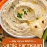 Pita chip in a bowl of white bean dip. Text overlay includes recipe name.