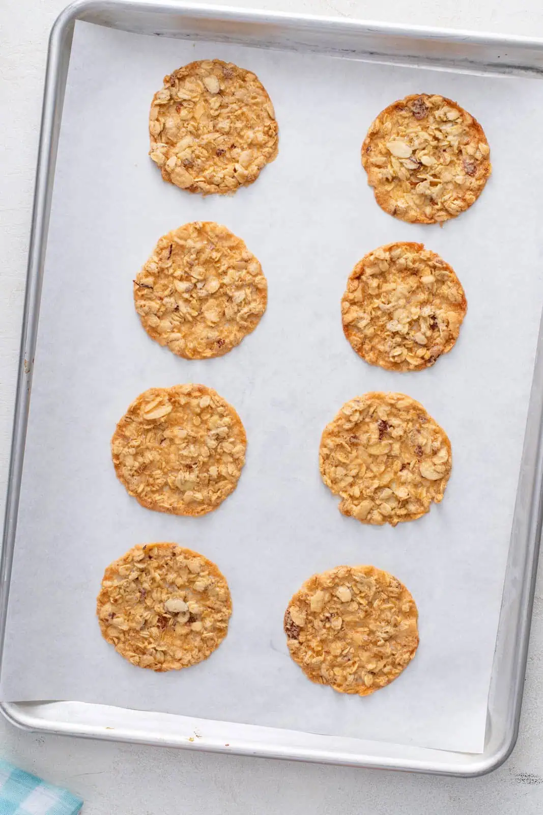 Baked almond lace cookies cooling on a parchment-lined baking sheet.