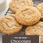 Close up of chocolate chipless cookies arranged on a wire rack. Text overlay includes recipe name.