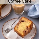 Two slices of sour cream coffee cake on a plate next to a fork. Text overlay includes recipe name.