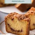 Close up image of a slice of sour cream coffee cake on a speckled plate. Text overlay includes recipe name.