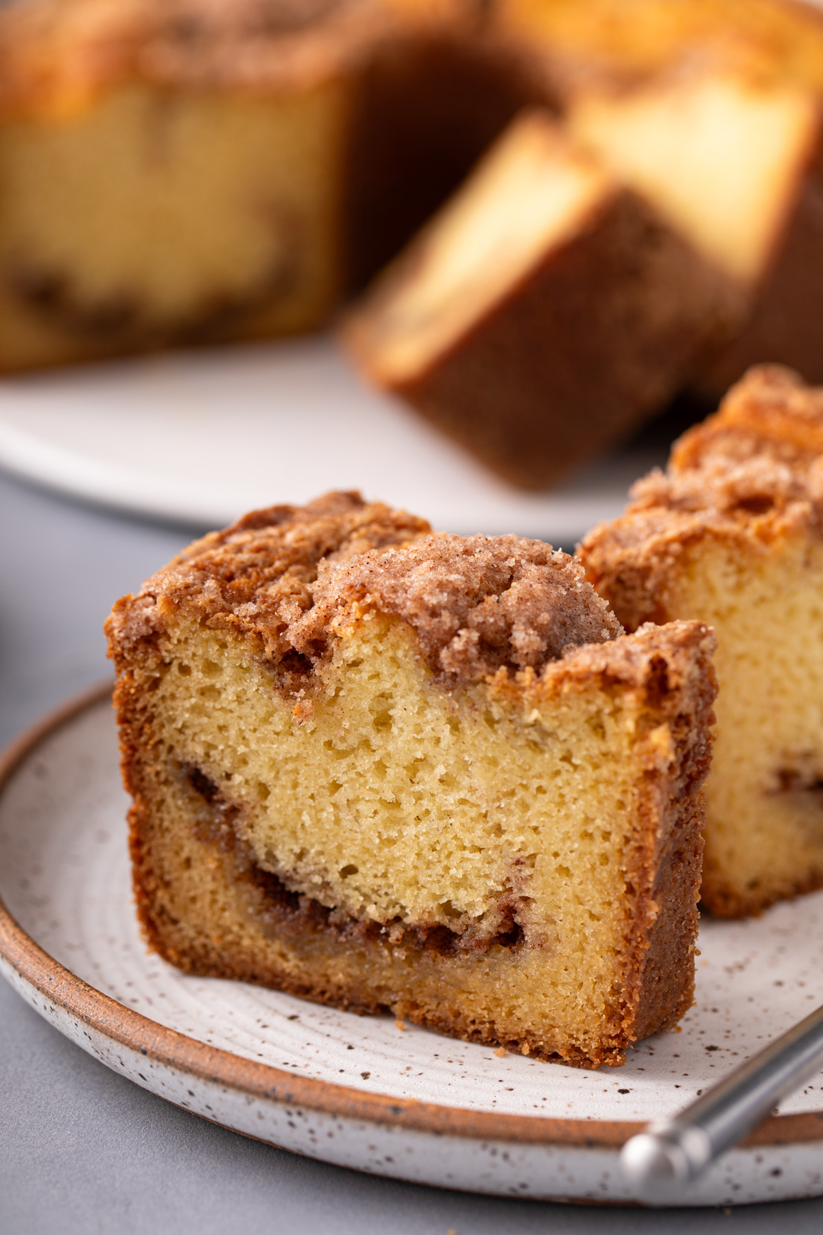 Close up image of a slice of sour cream coffee cake on a speckled plate.