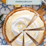 Overhead view of a sliced lemon chiffon pie topped with whipped cream and lemon zest. Text overlay includes recipe name.